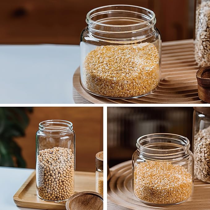 3 Pack 17 fl oz/500ml Clear Glass Storage Canister with Airtight Wooden Screw On Lid, Small Cute Decorative Glass Container Jar Set for Coffee, Candy, Cookie, Condiment, Pepper, Sugar, Oatmeal