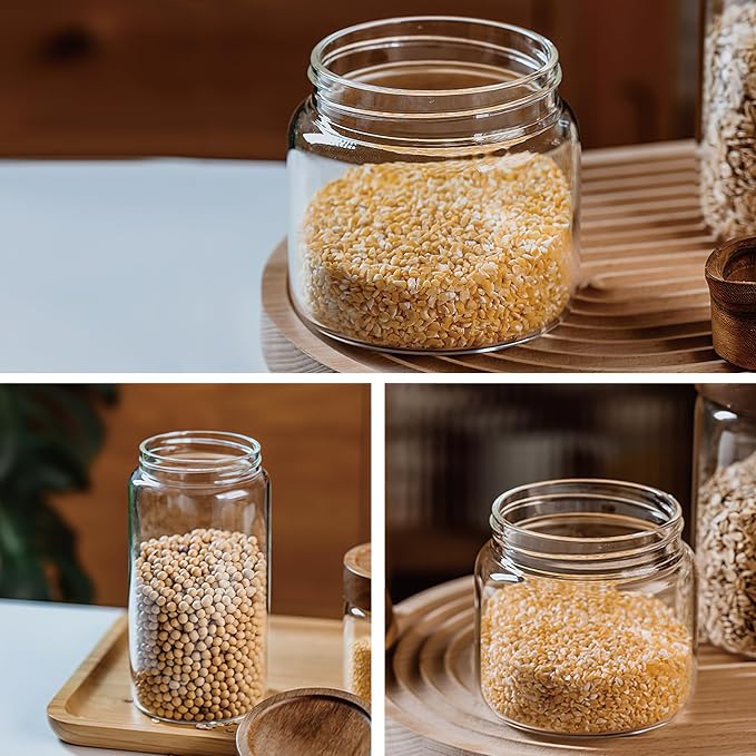 3 Pack 28 fl oz/850 ml Clear Glass Storage Canister with Airtight Wooden Screw On Lid, Medium Decorative Glass Container Jar Set for Coffee, Candy, Cookie, Condiment, Pepper, Sugar, Oatmeal