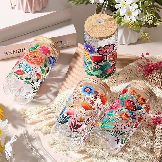 Mumufy 4 Pack Wildflower Glass Cups Gift Aesthetic Cute Glass Cup Tumbler Flower Iced Coffee Mugs 16 oz with Bamboo Lid & Straw, for Wedding Birthday Bridesmaid Mom Baby Shower