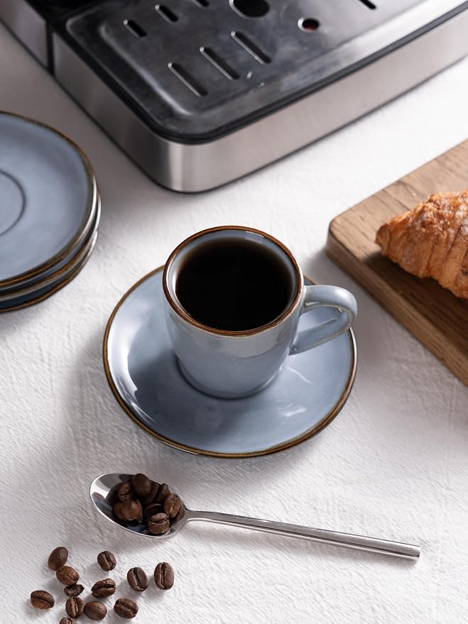 famiware Ocean Espresso Cups with Saucers Set of 4, 3.34oz Espresso Cup Set, Coffee Mug Set for Latte, Macchiato, Stoneware Demitasse Cups Set for Cafe, Microwave&Dishwasher Safe, Blue