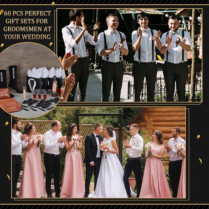 70Pcs Groomsmen Gifts Groomsmen Proposal Box with Shot Glasses Socks Sunglasses PU Leather Toiletry Bag Bottle Opener Can Cooler Groomsman Gifts for Wedding Groomsmen Best Man Gift (70, Brown)