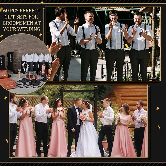70Pcs Groomsmen Gifts Groomsmen Proposal Box with Shot Glasses Socks Sunglasses PU Leather Toiletry Bag Bottle Opener Can Cooler Groomsman Gifts for Wedding Groomsmen Best Man Gift (70, Black)