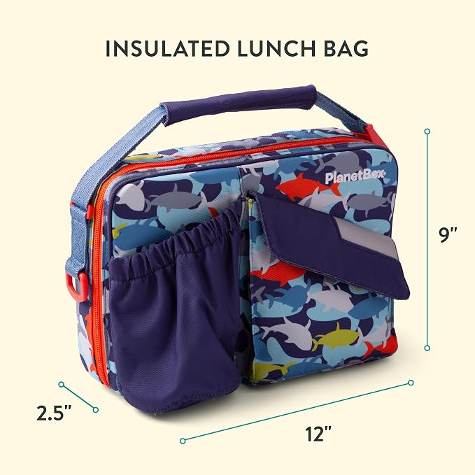 PlanetBox Rover Stainless Steel Bento Box Style Lunch Box Kit for Kids with 5 Compartments, Camo Shark Edition includes Insulated Lunch Bag, Leakproof Food Containers and Matching Magnets