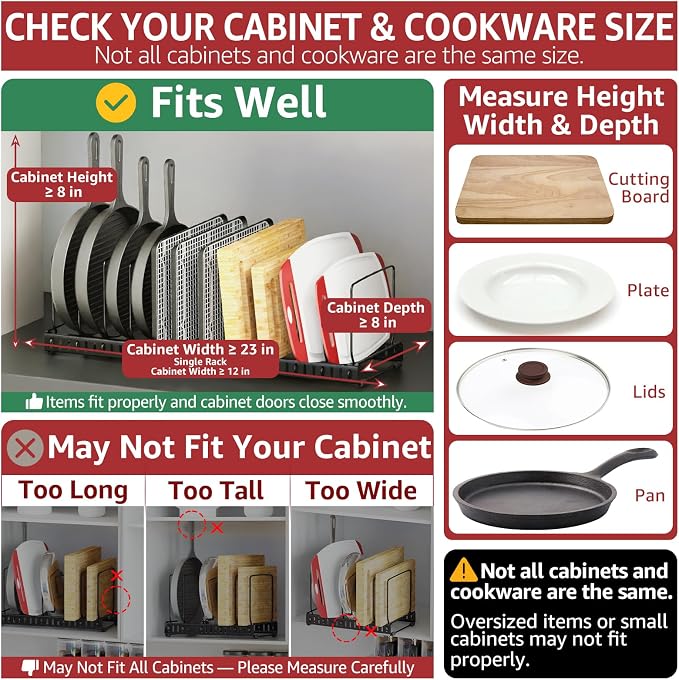 HzTinT Cutting Board Organizer Rack for Cabinet, Expandable 11.3"-22.5" Adjustable Divider Cutting Board Holder and Pot Lid Organizer, Kitchen Cabinet Organizer for Bakeware, Black