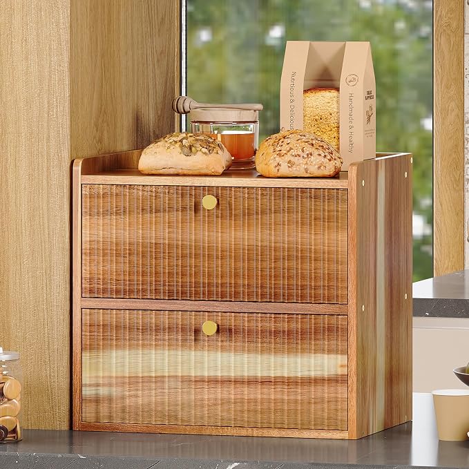 Trironsun Acacia Bread Box for Kitchen Countertop Wood Bread Storage Container Bin Double Layer BreadBox Farmhouse Large Capacity Food Organizer (Acacia Wood)