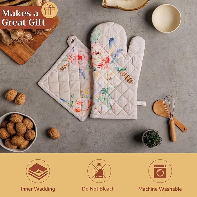 Maison d' Hermine Pot Holders 100% Cotton Heat Resistant Potholders 8" x 8" Hot Pads with Loop BBQ Cooking Baking Gifts for Mothers Day Handling Hot Pans Spring/Summer (Pack of 1, Ibiza - Beige)