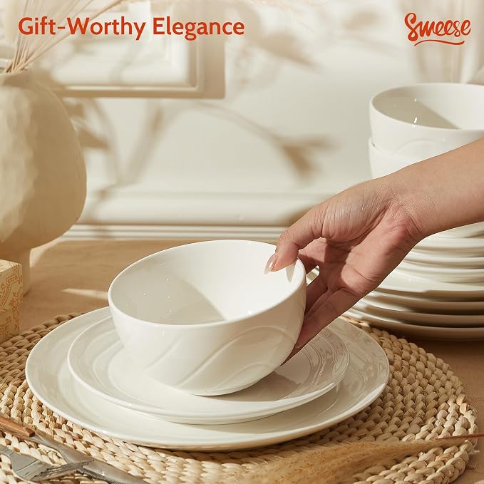 Sweese Porcelain Dinnerware Sets for 6, 18 Pieces Plates and Bowls Sets, Handcrafted Minimalist Dinner Set, Chip and Scratch Resistant Dish Set, Dishwasher & Microwave Safe, White