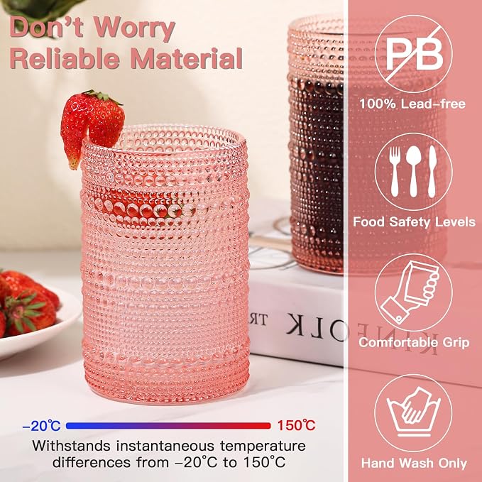 JOVGANK Pink Vintage Hobnail Drinking Glasses Set of 6, Water Tumbler 15oz, Kitchen & Bar Beaded Highball Glasses, Beverage Glass Cups for Water, Beer, Juice, Housewarming Gift