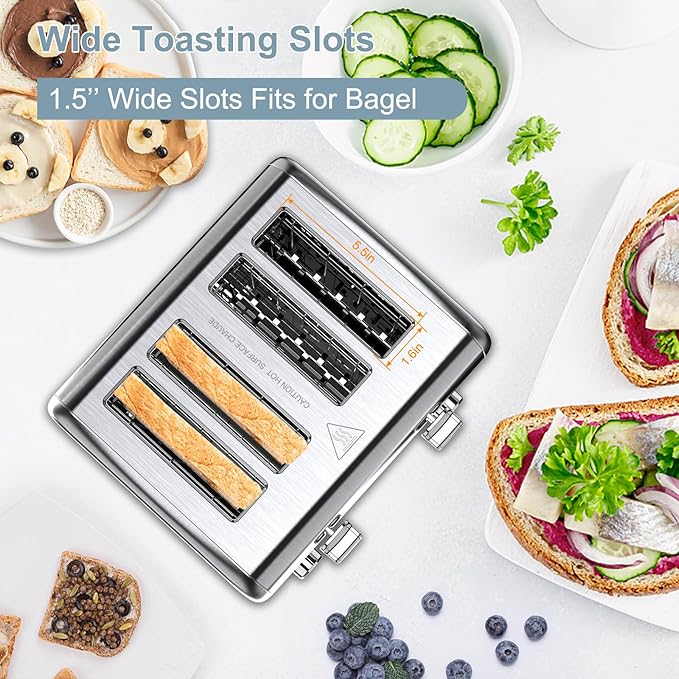 Toaster 4 Slice, KitchMix Bagel Stainless Toaster with LCD Timer, Extra Wide Slots, Dual Screen, Removal Crumb Tray (Stinless steel)