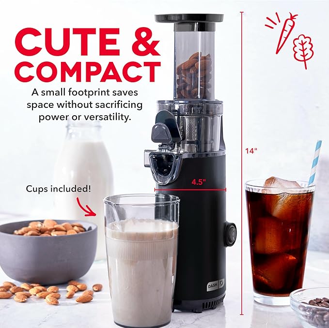 Dash Deluxe Compact Cold Press Juicer - Slow Masticating Juicer Machine for Fruits and Vegetables with Frozen Attachment - Easy to Clean Juice Press for Home Countertops - Black