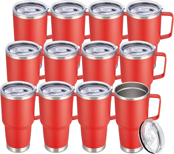 30 oz Tumbler with Handle and Lid, Stainless Steel Tumblers Bulk Double Wall Vacuum Insulated Travel Mug Leak Proof Cup Keep Drinks Cold and Hot Red, 12 Pack