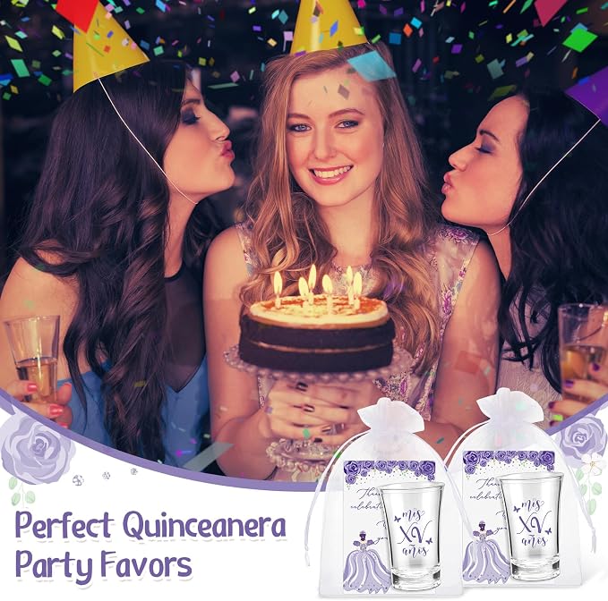 Havawish 25 Sets Quinceanera Party Favors for Guests Quinceanera Acrylic Clear Personalized Shot Glasses Thank You Cards with Organza Bags Mis Xv Años Sweet 15 Birthday Party Favors (Purple)