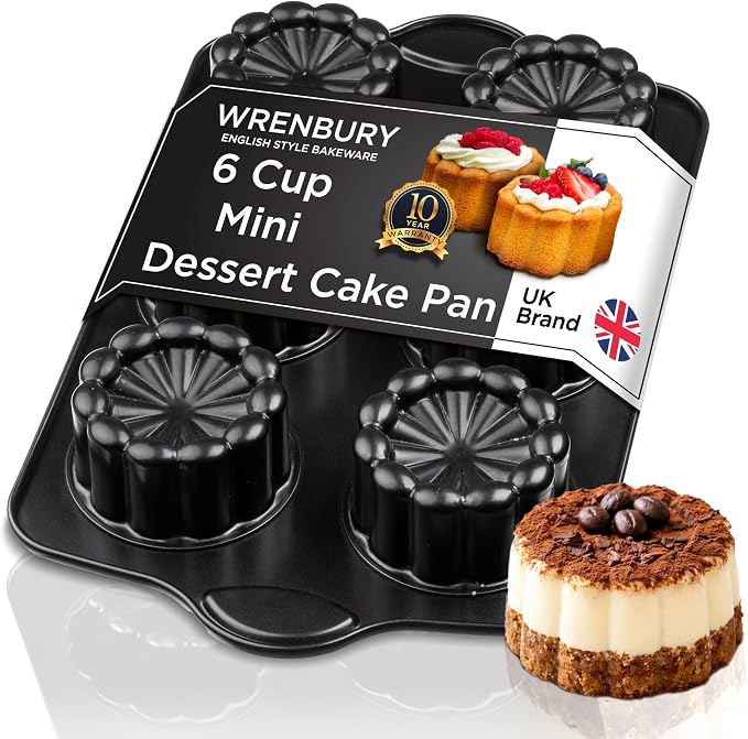 Wrenbury Mini Fluted Cake Pan 6 Cup Nonstick - Small Brownie Bowl Tin | for Individual Cakes, Shortbread & Cornbread - PFOA Free Carbon Steel Mold with Recipe Book