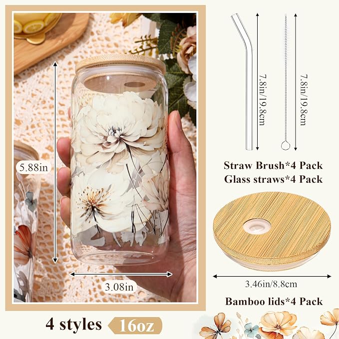 Mumufy 4 Pack Wildflower Glass Cups Gift Aesthetic Cute Glass Cup Tumbler Flower Iced Coffee Mugs 16 oz with Bamboo Lid & Straw, for Wedding Birthday Bridesmaid Mom Baby Shower