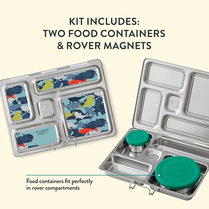PlanetBox Rover Stainless Steel Bento Box Style Lunch Box Kit for Kids with 5 Compartments, Camo Shark Edition includes Insulated Lunch Bag, Leakproof Food Containers and Matching Magnets