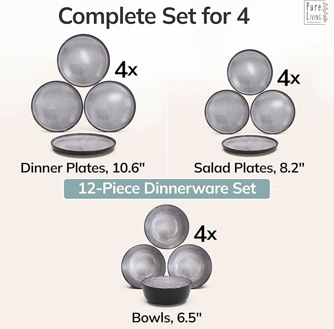 12 Piece Stoneware Dinnerware Set for 4 - Handmade Reactive Glaze Plates and Bowls Set - Chip & Scratch Resistant Dish Set - Dishwasher Microwave Safe - Dark Gray