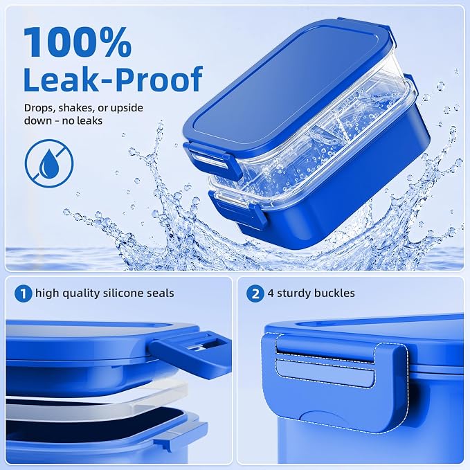 Adults Lunchbox Bento Box with Lunch Bag for Women Men- 74 OZ All-in-One Stackable Lunch Box for Adults Kids Leakproof Bento Large Lunch Box Containers with Fork Spoon Sauce Box for Work School (Blue)
