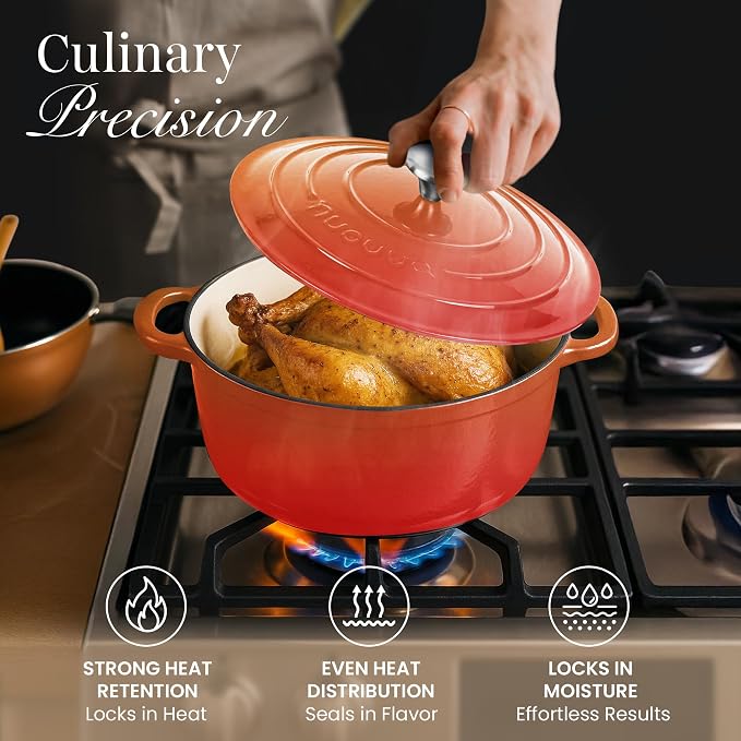 Cast Iron Dutch Oven with Lid-Non-Stick Ovenproof Enamelled Casserole Pot- Sturdy Dutch Oven Cookware - Orange, 3.1- Quart, 22cm- by Nuovva