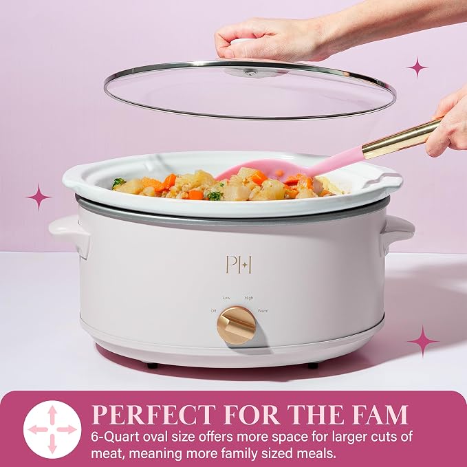 Paris Hilton 6-Quart Manual Slow Cooker, Naturally Nonstick Stoneware Ceramic Insert, Three Settings (Low, High, Warm), Dishwasher Safe Family Size Slow Cooker, White