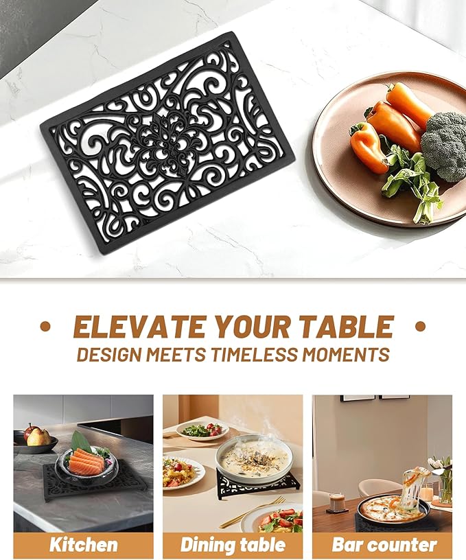 Black Rectangle Cast Iron Trivet 2-Pack for Kitchen & Dining - Heavy-Duty Hot Dish Pads, Decorative Heat Resistant Pot Holders with Raised Feet