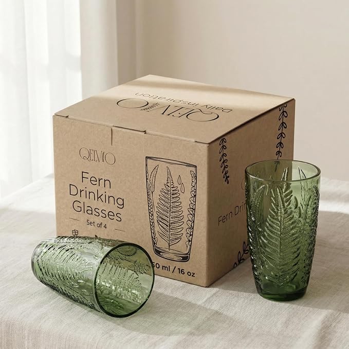 Green Drinking Glasses Set of 4, 16 oz Vintage Hand-Pressed Glass Cups, Fern Textured Highball Tumblers, Antique Style Boho Glassware for Water, Juice, Cocktails & Mocktails, Housewarming Gift Set