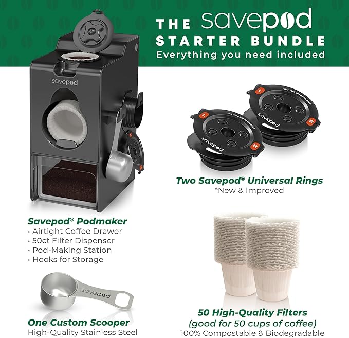 Savepod Coffee Pod Maker Bundle – Reusable Pod Maker Kit Includes Universal Ring, Stainless Steel Scoop, 50 Compostable Filters & Manual PodMaker for Keurig Coffee Maker, Daily Coffee Refill, Black