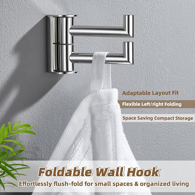 APLusee Double Swivel Towel Hook Wall Mounted, 304 Stainless Steel Folding Coat Hook with 2 Rotating Arms, Polished Chrome