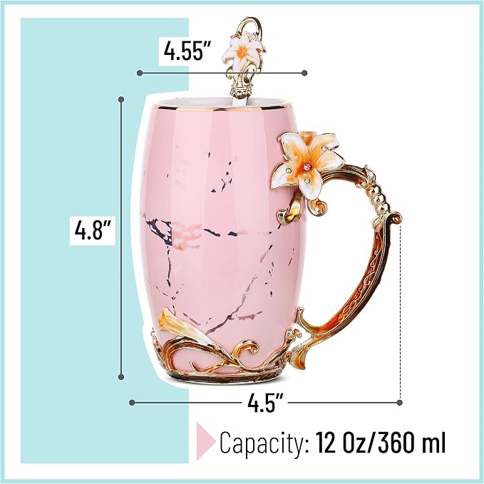 BTaT- Floral Ceramic Mugs with Spoon, Set of 2, Pink and Blue, Fancy Coffee Mugs with Spoon