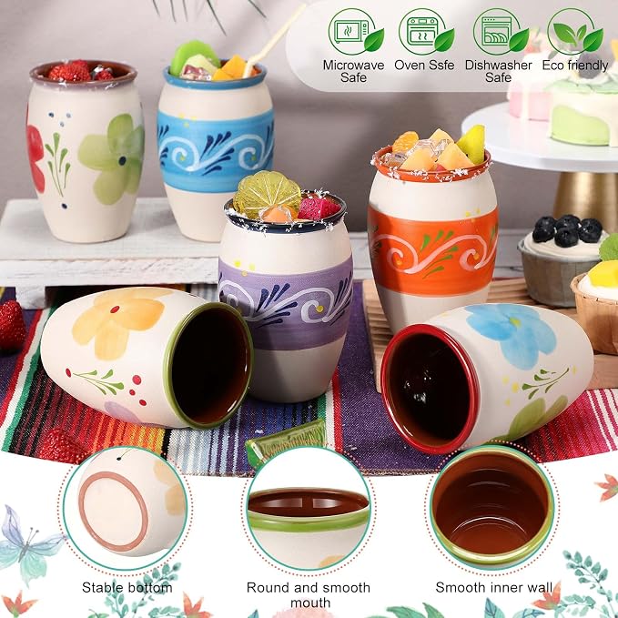 Gejoy 6 Pack 12oz Cantaritos de Barro Mexicanos Mexican Clay Cup Pottery Fiesta De Barro Mexicanos Cocktail Cups Coffee Mugs Cocktail Tea Glasses for Margaritas Mojitos (Bright,White)