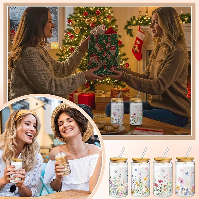 Mumufy 16 Sets Wildflower Glass Cups with Clear Gift Bag 16 oz Reusable Pink Iced Coffee Mugs Aesthetic Cute Tumbler with Lids and Straws, Gifts for Girls Women Bridesmaid