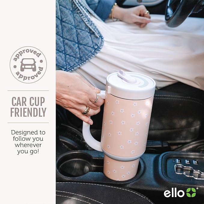 Ello Oasis 30 oz Tumbler with Handle & Retracting Straw | Reusable Insulated Stainless Steel Cup 100% Leakproof | Gifts for Teens Women | Keeps cold for 24 Hours | Cup Holder Friendly | Flower Quilt