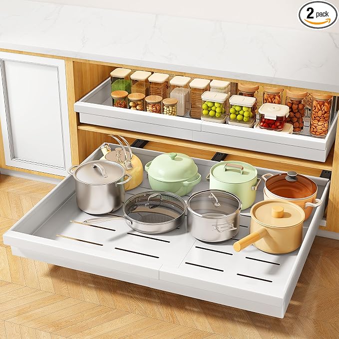 Pull out Cabinet Organizer, 2-Pack Expandable(13.6"-24") Silde out Drawers with Raising Pad for Framed Cabinets, Adjustable Full-Extension Adhesive Roll out Shelves for Kitchen Pantry Home Pot and Pan