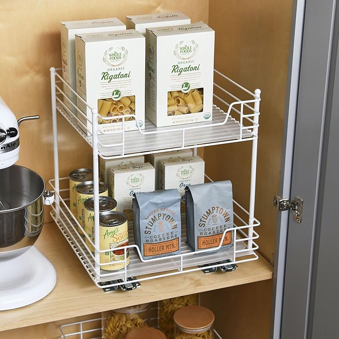 Household Essentials 2-Tier Sliding Pantry Organizer, 16.73" H x 15.35" W x 16.14" D, Strong Powder-Coated Steel Frame, Durable and Versatile, Easy Installation, Mounting Hardware Included, White