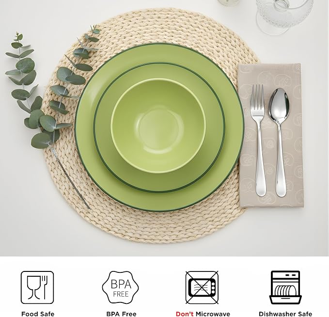 TP 12-Piece Melamine Dinnerware Sets, Plates and Bowls Dishes Set for 4, Break-Resistant & Non-Microwavable, Lightweight Dinner Plates, Avocado Green