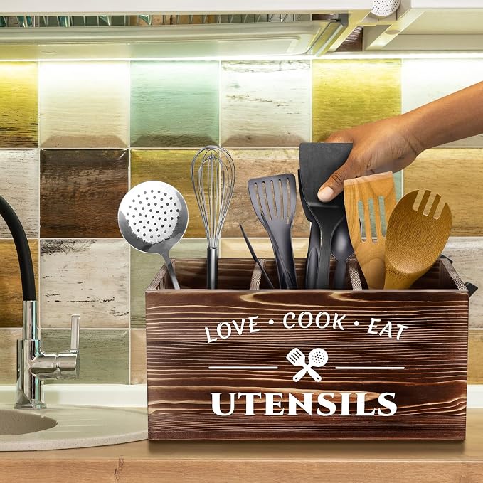 MINCORD Brown Utensil Holder Rustic Wood Utensil Caddy Crocks with 3 Compartments for Kitchen Counter, Farmhouse Flatware Organizer Storage Box for Silverware Fork Spoon Spatula
