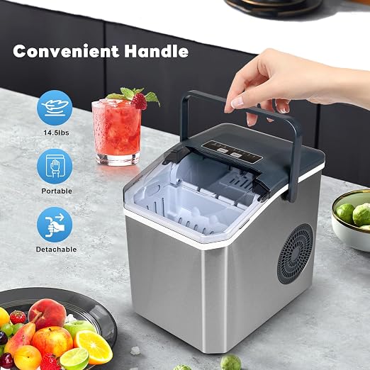 Ice Maker, iceBlue 5 Levels of Bullet Ice Sizes Countertop Ice Maker, 26.5lbs Per Day Ice Machine, 9 Ice Cubes Ready in 9 Mins Stainless Ice Makers Countertop for Home, Kitchen, Gift (Silver)