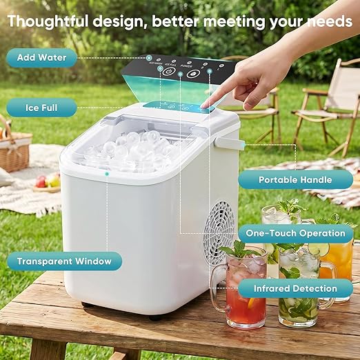 DUMOS Ice Maker Countertop, Ice Machine with Portable Handle, Basket and Scoop, 26lbs Daily, 9 Bullet Cubes in 6-8 Mins, Auto-Cleaning for Home, Kitchen, Office, Outdoors, RV Camping