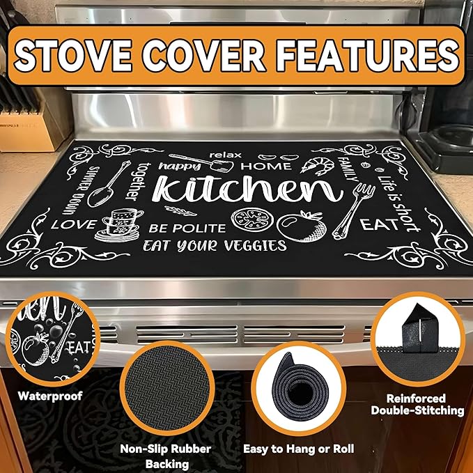 Decorative Stove Top Covers for Electric Stove 28"x20" – Heat Resistant Glass Cooktop Protector Dish Drying Mat – Non-Slip Rubber Backing Washer Top Cover Waterproof Extra Counter Space (Kitchen 3)