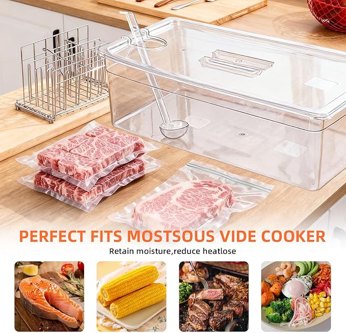 Sous Vide Container 26 QT with Lid, Rack & Spoon-Precision Cooking Tub for Anova Nano, Joule, Instant Pot Immersion Circulators - Large Accessories Kit (Elliptical opening)