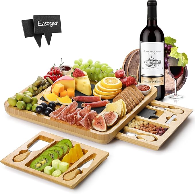 Easoger Charcuterie Boards, Large Charcuterie Board Set, Bamboo Cheese Board Set with Double Protective Packaging, Upscale Stylish Cheese Knife Set for Housewarming Gift