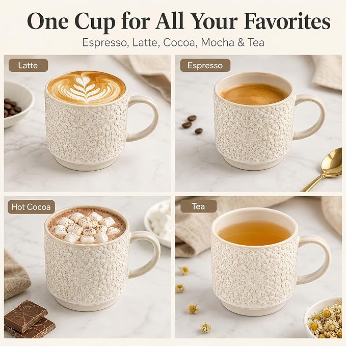 6 Oz Coffee Cups Set of 4, Stackable Espresso Cups with Metal Stand, Ceramic Cappuccino Cup, Embossed Coffee Mugs for Latte, Cocoa, Mocha, Tea, Housewarming Present, Dishwasher Safe