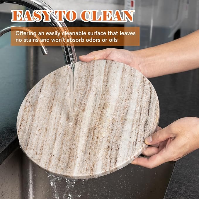Koville Marble Cutting Board for Kitchen, 11"x11" Inches Small Stone Cutting Board, Round Marble Tray for Baking Charcuterie Pastry, Serving Tray for Countertop, Large Stone Slab