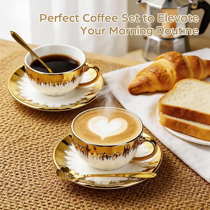 Cappuccino Cups with Saucers and Sakura Spoons, 8 oz Ceramic Espresso Cup Set of 4, Gold-Trim Coffee Cup Mugs for Latte, Tea, Kitchen or Café, Microwave and Dishwasher Safe
