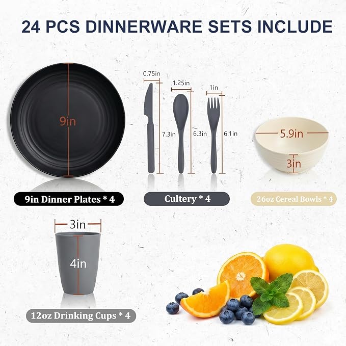 Kids Plates and Bowls Sets for 4, 24 Piece Wheat Straw Dinnerware Sets, Unbreakable & Stackable Dishware Sets, Microwave & Dishwahser Safe Dish Sets for Kitchen, Apartment, Dorm - BlackBeige