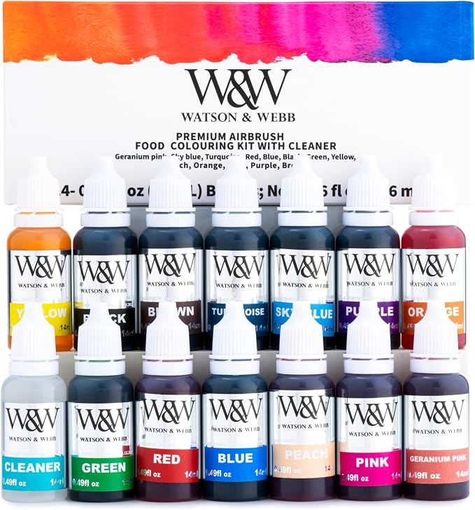 Watson & Webb Foundation Selection - 17pcs Cake Airbrush Decorating Kit - Inc Professional 3 Speed Mains Powered Spray Gun, 13 Vibrant Colours, and Tools - for Food, Cakes, Cookies & Baking