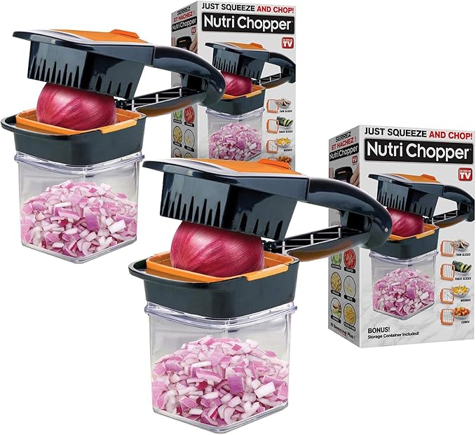 Nutrichopper Fresh-Keeping Container Vegetable Chopper Onion Egg Slicer - Slices Cubes Wedges Multi-purpose Food Stainless Steel Blades Veggie As Seen On TV Set of 2