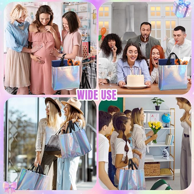 Eccliy Reusable Gift Bags Set Glossy Grocery Gift Tote Bag with Handle for Wedding, Bridal Shower, 4th of July, Summer Event(12 x 11 x 4.7 I Inch,Rainbow,80 Pcs)