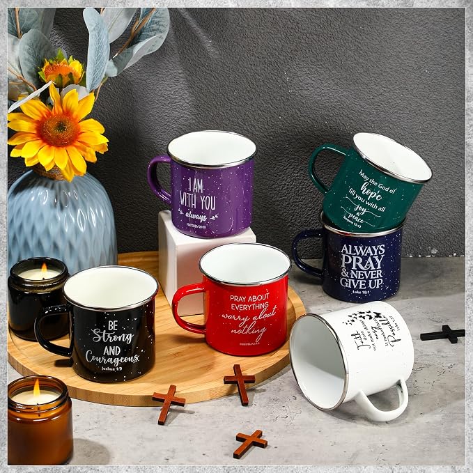 Mifoci Christian Enamel Mugs Gifts Inspirational Coffee Mugs with Handle Bible Verse Religious Camping Cups Church Party Favors for Church Clergy Pastor Men(Colorful,12 Pcs)