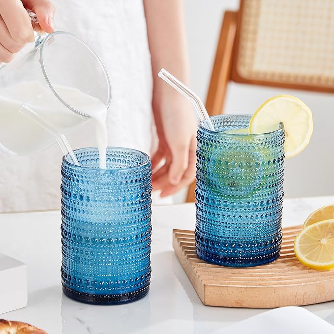 HomeVogue 15 oz Blue Hobnail Drinking Glasses with Straws Set of 6, Vintage Glassware Old Fashioned Beverage Glasses, Cocktail Glass Set, Kitchen Water Glasses Cup, for Beer, Smoothie, Juice