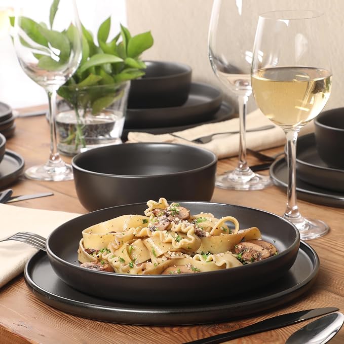 Gibson Elite Bayou Moon Plates and Bowls Sets, 16-Piece Black Matte Stoneware Dinnerware Sets, Solid Color Reactive Glaze Dish Set